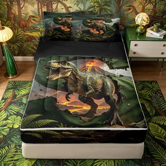 Metsweet Dino Tyrannosaurus Rex Zipper Full Size Comforter Sets with Fitted Sheet and 2 Pillowcases, Volcano Letter S Zipper Bedding Set, Green Brown,4pcs,Black Reversible
