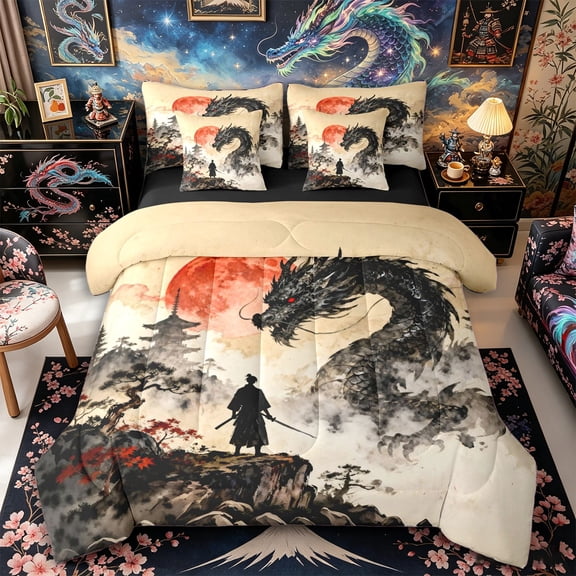 Aikeke Dragon Samurai Twin Bedding 7-Piece, Japanese Style Bedding Comforter Set, Black Red Beige,Black Reversible