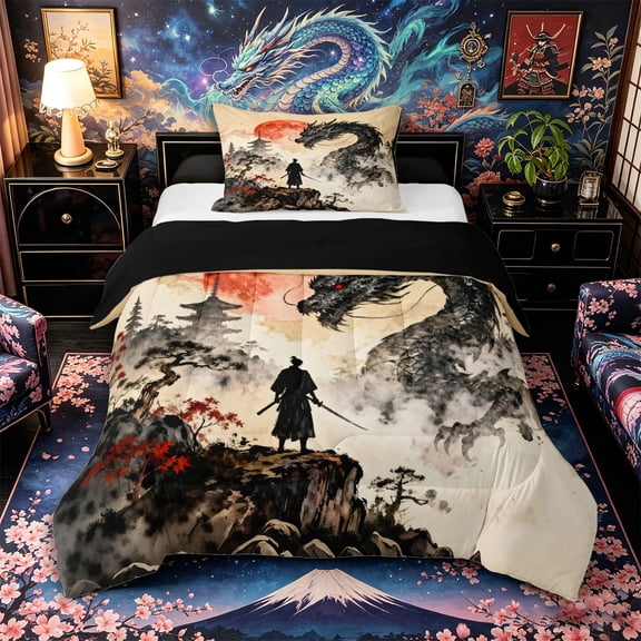 Aikeke Dragon Samurai Twin Comforter Sets 2pcs, Japanese Style Bedding Set, Black Red Beige,Black Reversible,1 Comforter and 1 Pillowcase