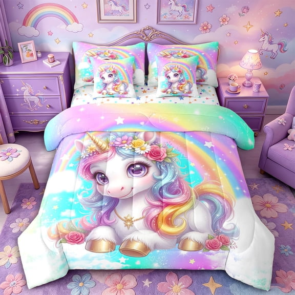 Aikeke Dreamy Floral Unicorn Twin Bedding 7-Piece, Gradient Rainbow Bedding Comforter Set