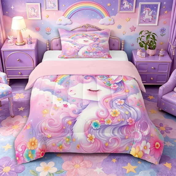 Metsweet Dreamy Floral Unicorn Twin Comforter Sets 2pcs, Watercolor Rainbow Flowers Bedding Set, Pink Purple,Pink Reversible,1 Comforter and 1 Pillowcase