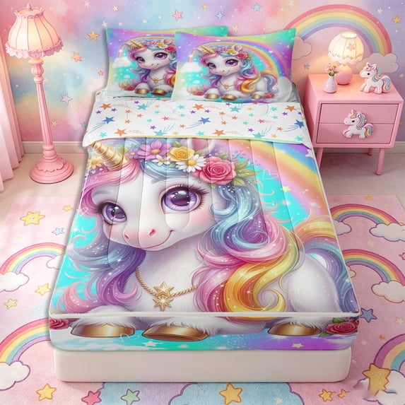 Metsweet Dreamy Floral Unicorn Zipper Twin Comforter Sets with Fitted Sheet and 2 Pillowcases, Gradient Rainbow Zipper Bedding Set,4-Piece
