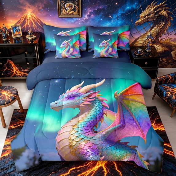 Metsweet Dreamy Magic Dragon Twin Bedding 7-Piece, Gradient Aurora Starry Sky Bedding Comforter Set, Blue Pink Green,Navy Blue Reversible