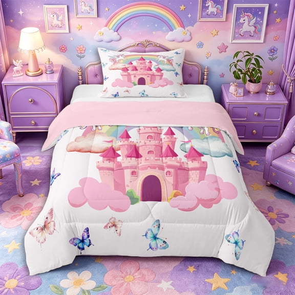 Metsweet Dreamy Rainbow Unicorn Twin Comforter Sets 2pcs, Princess Castle Butterflies Bedding Set,Pink Reversible,1 Comforter and 1 Pillowcase