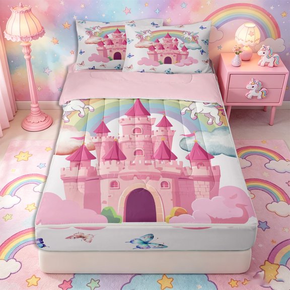 Metsweet Dreamy Rainbow Unicorn Zipper Twin Comforter Sets with Fitted Sheet and 2 Pillowcases, Princess Castle Butterflies Zipper Bedding Set,4-Piece,Pink Reversible