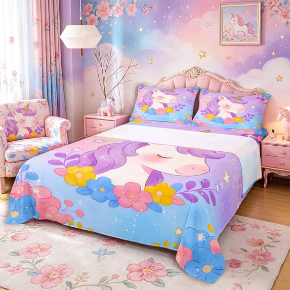 Metsweet Dreamy Unicorn Bed Sheets 4-Piece for Girls, Colorful Flowers Full Size Sheets,1 Fitted Sheet, 1 Flat Sheet and 2 Pillowcases