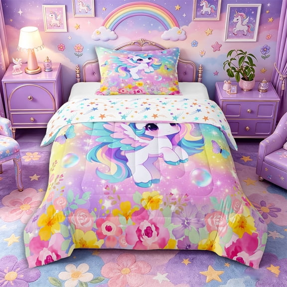 Aikeke Dreamy Unicorn Twin Comforter Sets 2pcs, Flowers Butterflies Gradient Bedding Set, Lavender Pink Yellow,1 Comforter and 1 Pillowcase