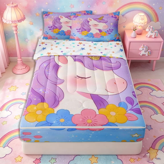 Metsweet Dreamy Unicorn Zipper Twin Comforter Sets with Fitted Sheet and 2 Pillowcases, Colorful Flowers Zipper Bedding Set,4-Piece
