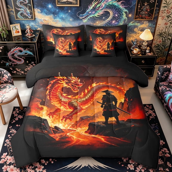 Aikeke Flame Dragon Twin Bedding 7-Piece, Japanese Samurai Bedding Comforter Set, Red Gold Black,Black Reversible