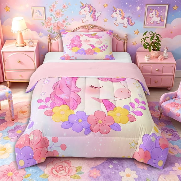 Aikeke Floral Unicorn Twin Comforter Sets 2pcs, Watercolor Gradient Flowers Bedding Set,Pink Reversible,1 Comforter and 1 Pillowcase
