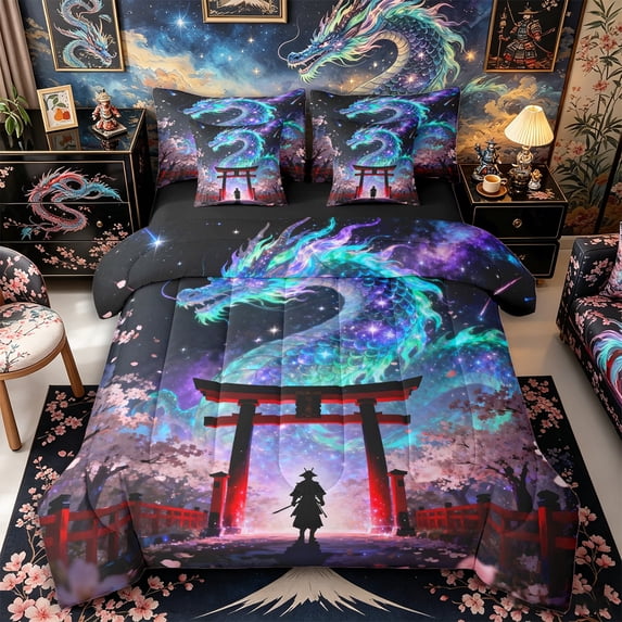 Metsweet Galaxy Gradient Dragon Twin Bedding 7-Piece, Japanese Samurai Sakura Bedding Comforter Set, Blue Purple Red Black,Black Reversible