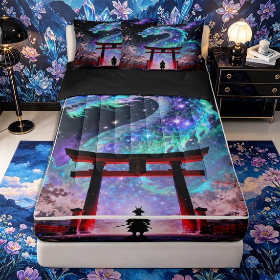 Metsweet Galaxy Gradient Dragon Zipper Twin Comforter Sets with Fitted Sheet and 2 Pillowcases, Japanese Samurai Sakura Zipper Bedding Set, Blue Purple Red Black,4-Piece,Black Reversible