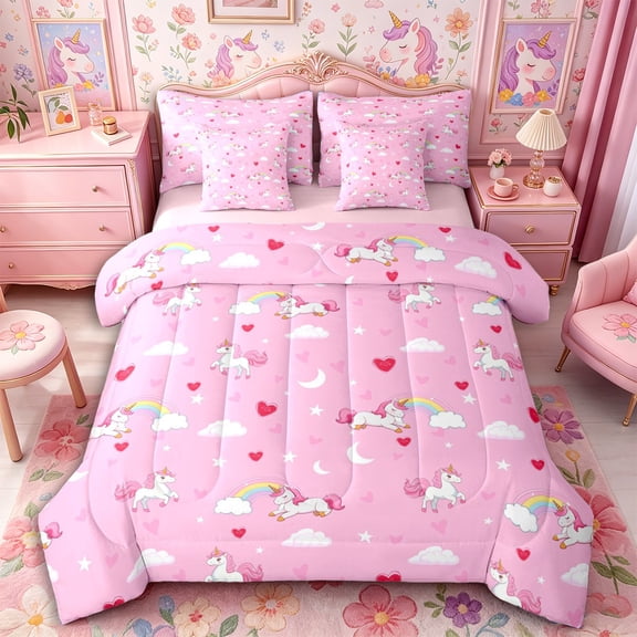 Aikeke Girly Animal Unicorn Twin Bedding 7-Piece, Cartoon Heart Moon Rainbow Bedding Comforter Set, Pink White Red,Pink Reversible