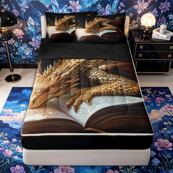 Metsweet Gold Dragon Zipper Full Size Comforter Sets with Fitted Sheet and 2 Pillowcases, Magic Animal Zipper Bedding Set, Gold Black Brown,4pcs,Black Reversible