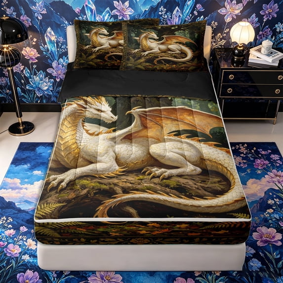 Metsweet Gold Dragon Zipper Twin Comforter Sets with Fitted Sheet and 2 Pillowcases, Rustic Jungle Animal Zipper Bedding Set,4-Piece,Black Reversible