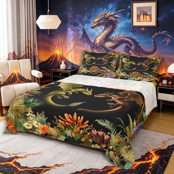Metsweet Gothic Dragon Bed Sheets 4-Piece, Chic Flowers Full Size Sheets, Green Brown Orange,1 Fitted Sheet, 1 Flat Sheet and 2 Pillowcases