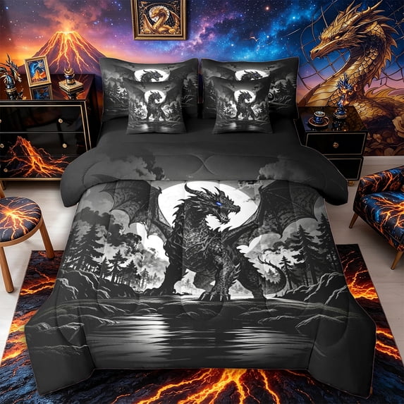 Metsweet Gothic Dragon Queen Bedding 7pcs, Magical Wildlife Bedding Comforter Set Queen, Black Gray White,Black Reversible