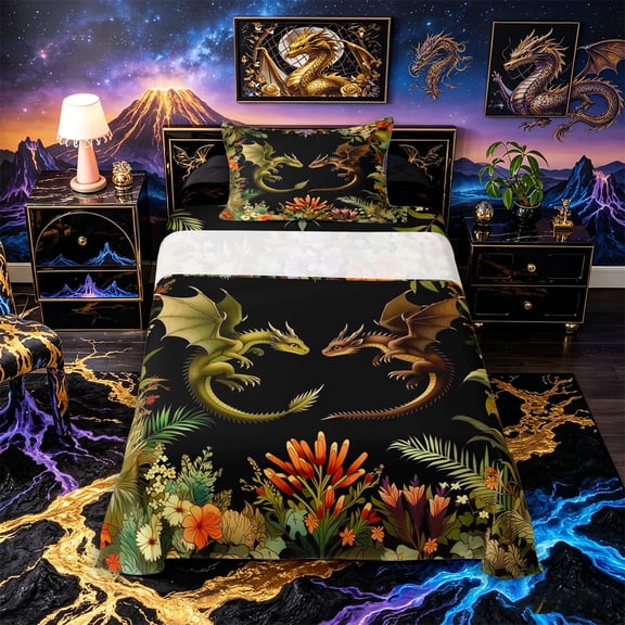 Metsweet Gothic Dragon Twin Sheets 3pcs, Chic Flowers Bedding, Green Brown Orange,1 Fitted Sheet, 1 Flat Sheet and 1 Pillowcase