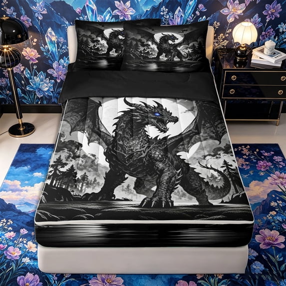Metsweet Gothic Dragon Zipper Full Size Comforter Sets with Fitted Sheet and 2 Pillowcases, Magical Wildlife Zipper Bedding Set, Black Gray White,4pcs,Black Reversible
