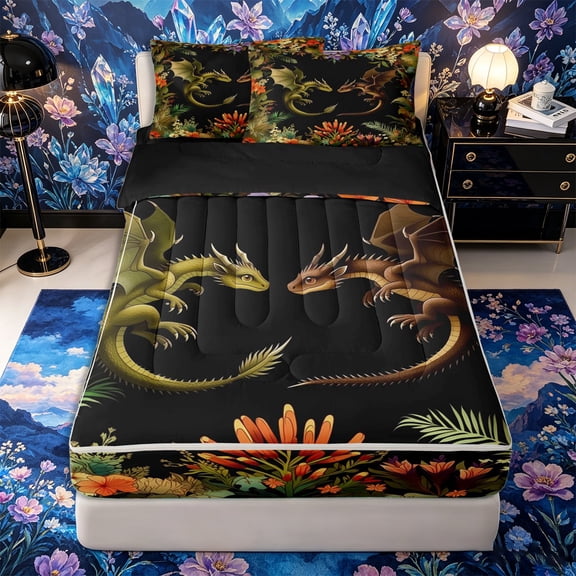 Metsweet Gothic Dragon Zipper Twin Comforter Sets with Fitted Sheet and 2 Pillowcases, Chic Flowers Zipper Bedding Set, Green Brown Orange,4-Piece,Black Reversible