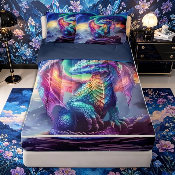 Metsweet Gradient Dragon Zipper Full Size Comforter Sets with Fitted Sheet and 2 Pillowcases, Abstract Ombre Wildlife Zipper Bedding Set, Teal Purple Blue,4pcs,Navy Blue Reversible