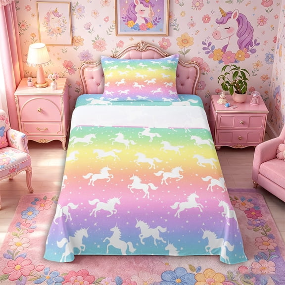 Metsweet Gradient Unicorn Twin Sheets 3pcs, Gradient Rainbow Stars Print Bedding,1 Fitted Sheet, 1 Flat Sheet and 1 Pillowcase