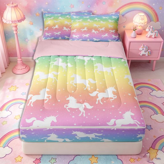 Metsweet Gradient Unicorn Zipper Twin Comforter Sets with Fitted Sheet and 2 Pillowcases, Gradient Rainbow Stars Print Zipper Bedding Set,4-Piece,Pink Reversible