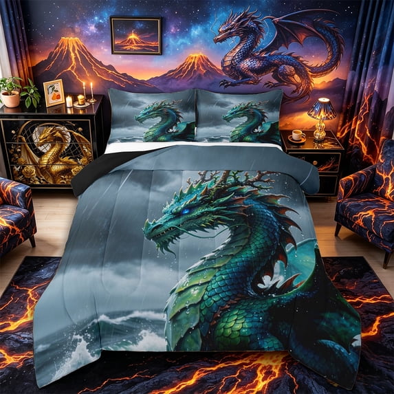 Metsweet Green Dragon Full Size Comforter Sets 3-Piece, Ocean Wildlife Bedding Comforter Set, Teal Green Gray,Black Reversible,1 Comforter and 2 Pillowcases