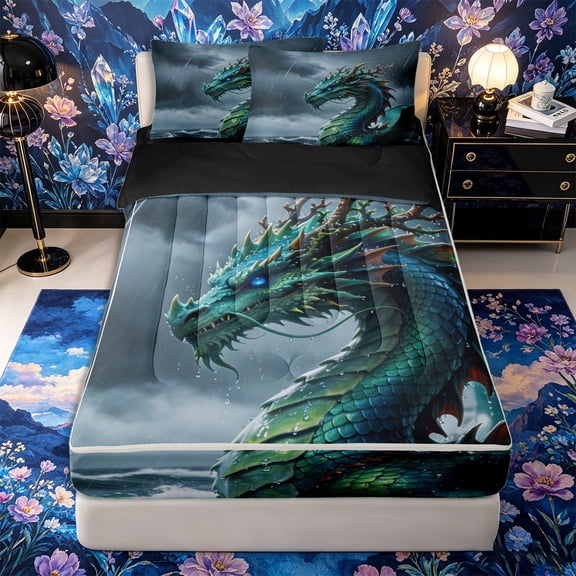Metsweet Green Dragon Zipper Twin Comforter Sets with Fitted Sheet and 2 Pillowcases, Ocean Wildlife Zipper Bedding Set, Teal Green Gray,4-Piece,Black Reversible