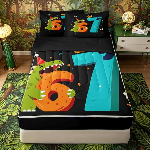Metsweet Happy Birthday Dinosaur Zipper Twin Comforter Sets with Fitted Sheet and 2 Pillowcases, Number 67 Party Zipper Bedding Set, Green Orange,4-Piece,Black Reversible