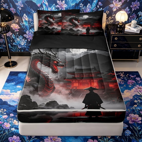 Metsweet Japanese Samurai Dragon Zipper Twin Comforter Sets with Fitted Sheet and 2 Pillowcases, Moutain Scenery Zipper Bedding Set, Black Red White,4-Piece,Black Reversible