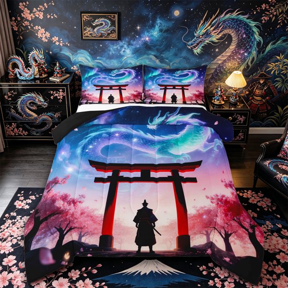 Aikeke Japanese Samurai Full Size Comforter Sets 3-Piece, Gradient Dragon Floral Sakura Bedding Comforter Set, Teal Purple Red,Black Reversible,1 Comforter and 2 Pillowcases