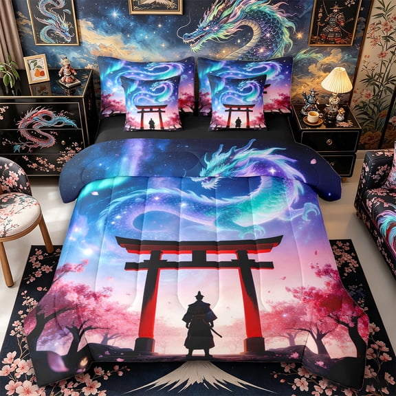 Aikeke Japanese Samurai Twin Bedding 7-Piece, Gradient Dragon Floral Sakura Bedding Comforter Set, Teal Purple Red,Black Reversible
