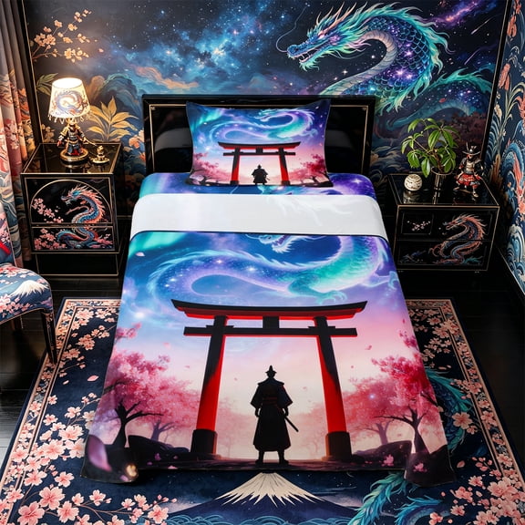 Aikeke Japanese Samurai Twin Sheets 3pcs, Gradient Dragon Floral Sakura Bedding, Teal Purple Red,1 Fitted Sheet, 1 Flat Sheet and 1 Pillowcase