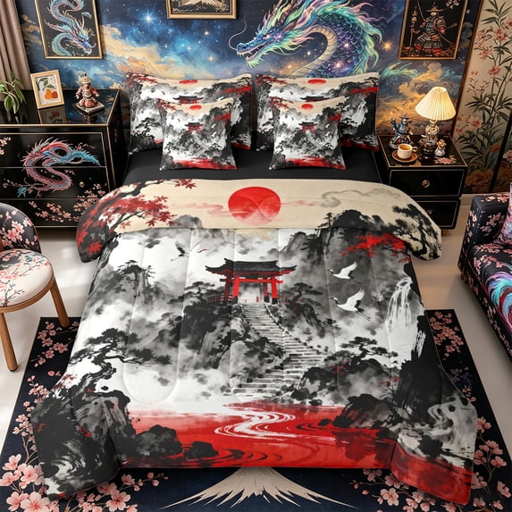Metsweet Japanese Scenery Full Size Bedding Sets 7 Pieces, Animal Crane Full Size Bed in a Bag, Black Red White,Black Reversible
