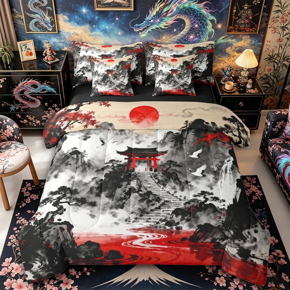 Aikeke Japanese Scenery Twin Bedding 7-Piece, Animal Crane Bedding Comforter Set, Black Red White,Black Reversible