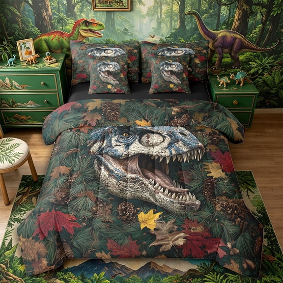Aikeke Jungle Animal T-Rex Twin Bedding 7-Piece, Maple Leaves Dino Bedding Comforter Set, Blue Green Red,Black Reversible