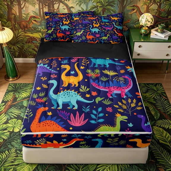 Metsweet Jungle Dinosaur Zipper Twin Comforter Sets with Fitted Sheet and 2 Pillowcases, Colorful Leaves Zipper Bedding Set, Orange Purple Navy,4-Piece,Black Reversible