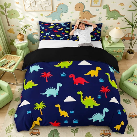 Metsweet Kawaii Dinosaurs Duvet Cover Queen, Palm Tree Queen Bedding, Blue Green Red,Black Reversible,3-Piece,1 Duvet Cover and 2 Pillowcases