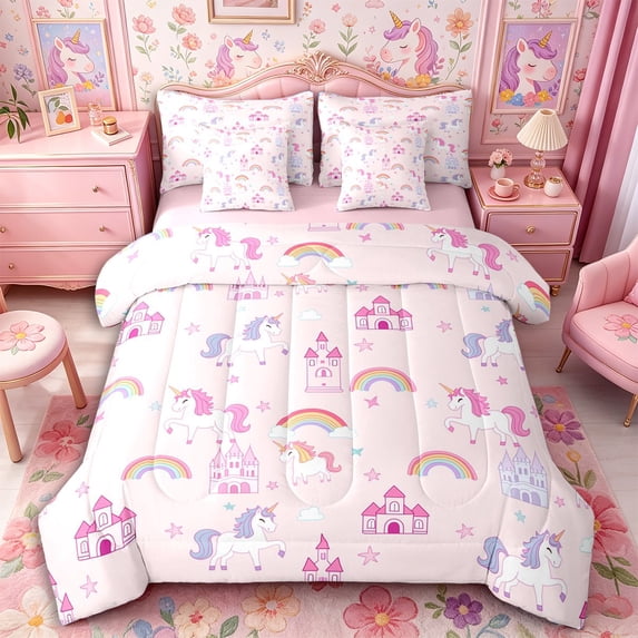 Metsweet Kawaii Rainbow Unicorn King Bedding 7pcs, Dreamy Princess Castle King Bed in a Bag, Pink White Purple,Pink Reversible