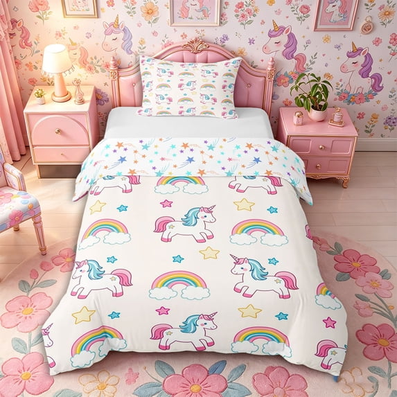 Metsweet Kawaii Rainbow Unicorn Twin Duvet Cover, Stars Print Twin Bedding,2pcs,1 Duvet Cover and 1 Pillowcase