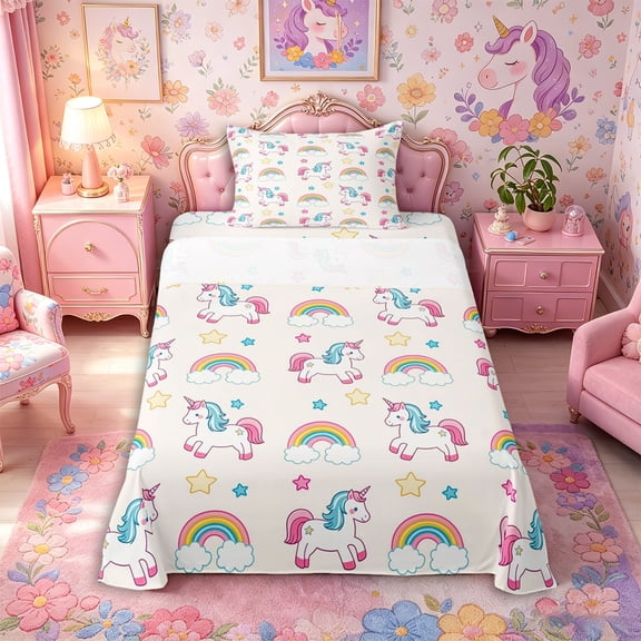 Aikeke Kawaii Rainbow Unicorn Twin Sheets 3pcs for Girls, Stars Print Bedding,1 Fitted Sheet, 1 Flat Sheet and 1 Pillowcase