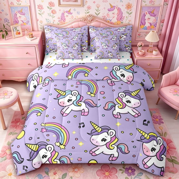 Metsweet Kawaii Unicorn King Bedding 7pcs, Magic Horse Rainbow King Bed in a Bag