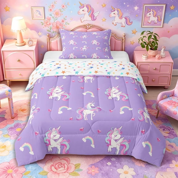 Aikeke Kawaii Unicorn Twin Comforter Sets 2pcs, Princess Diamond Rainbow Bedding Set,1 Comforter and 1 Pillowcase