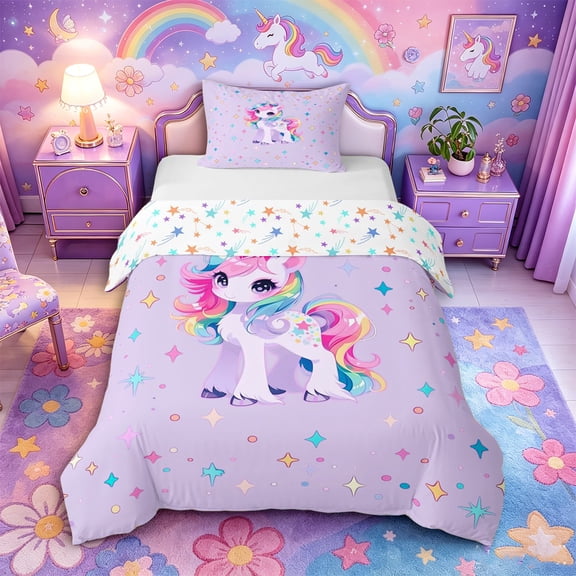Metsweet Kawaii Unicorn Twin Duvet Cover, Colorful Stars Print Twin Bedding,2pcs,1 Duvet Cover and 1 Pillowcase
