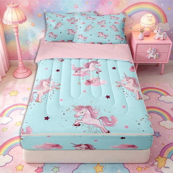 Metsweet Kawaii Unicorn Zipper Full Size Comforter Sets with Fitted Sheet and 2 Pillowcases, Polka Dots Stars Print Zipper Bedding Set, Pink Light Blue,4pcs,Pink Reversible