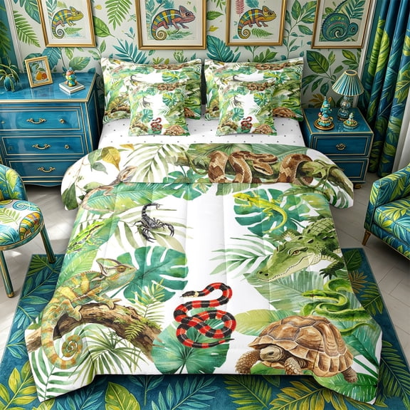 Metsweet Lizard Snake Turtle Full Size Bedding Sets 7 Pieces, Tropical Jungle Wildlife Full Size Bed in a Bag, Green Brown Red