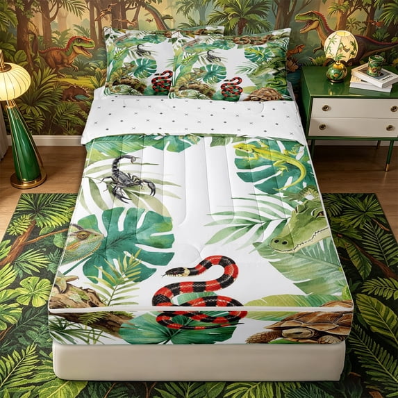 Metsweet Lizard Snake Turtle Zipper Full Size Comforter Sets with Fitted Sheet and 2 Pillowcases, Tropical Jungle Wildlife Zipper Bedding Set, Green Brown Red,4pcs