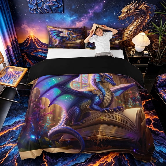 Metsweet Magic Dragon Duvet Cover Queen, Vintage Library Queen Bedding, Blue Purple Gold,Black Reversible,3-Piece,1 Duvet Cover and 2 Pillowcases
