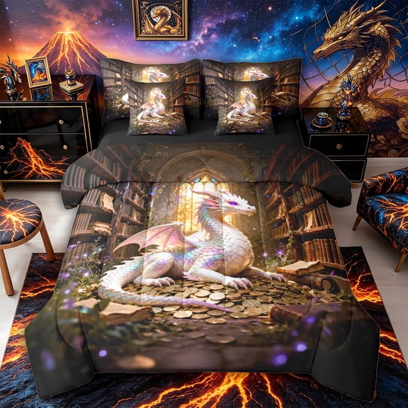 Aikeke Magic Dragon Full Size Bedding Sets 7 Pieces, Vintage Library Full Size Bed in a Bag, White Pink Gold,Black Reversible